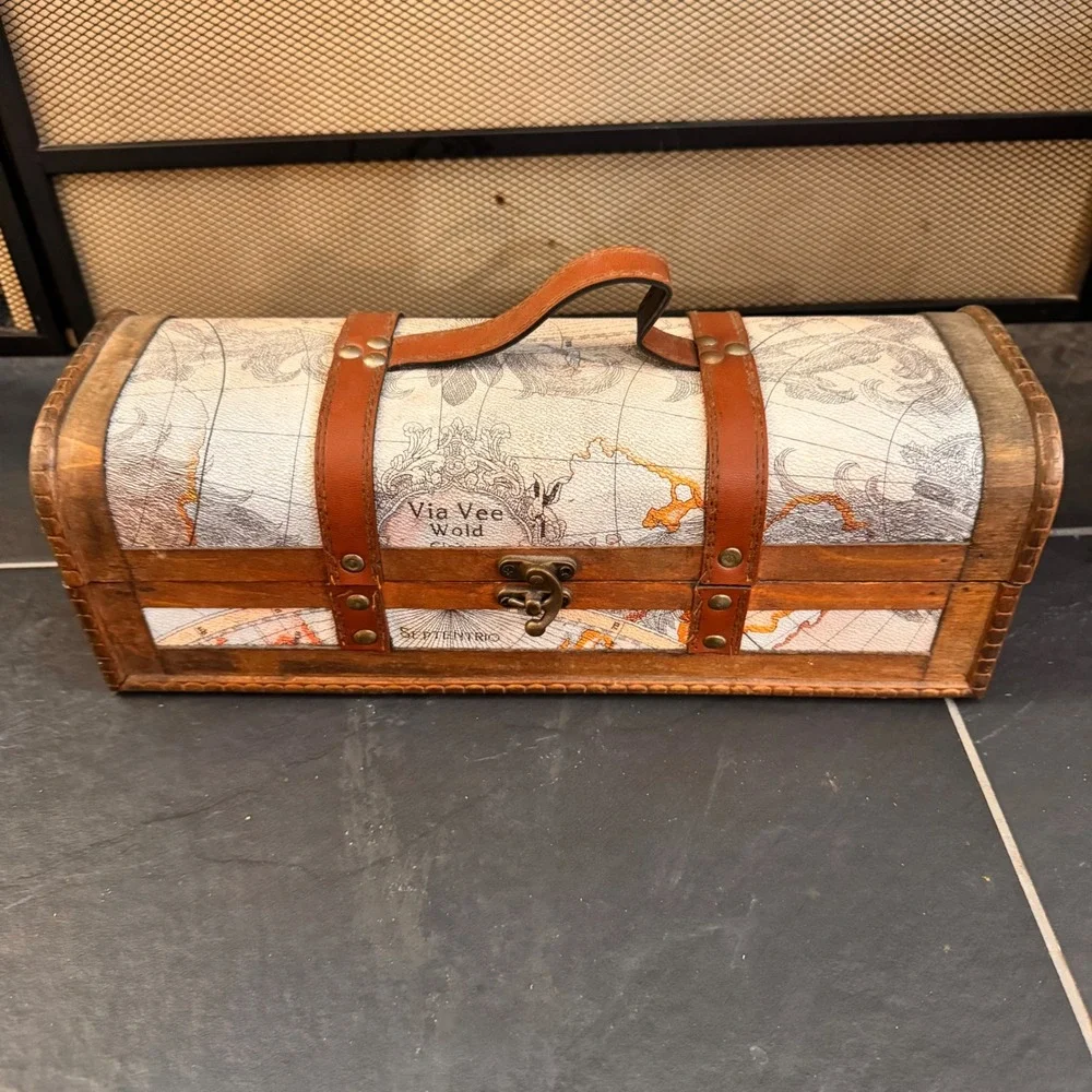Wrap Art Single Bottle Wood Box World‎ Map Design Decorative Treasure Chest Case